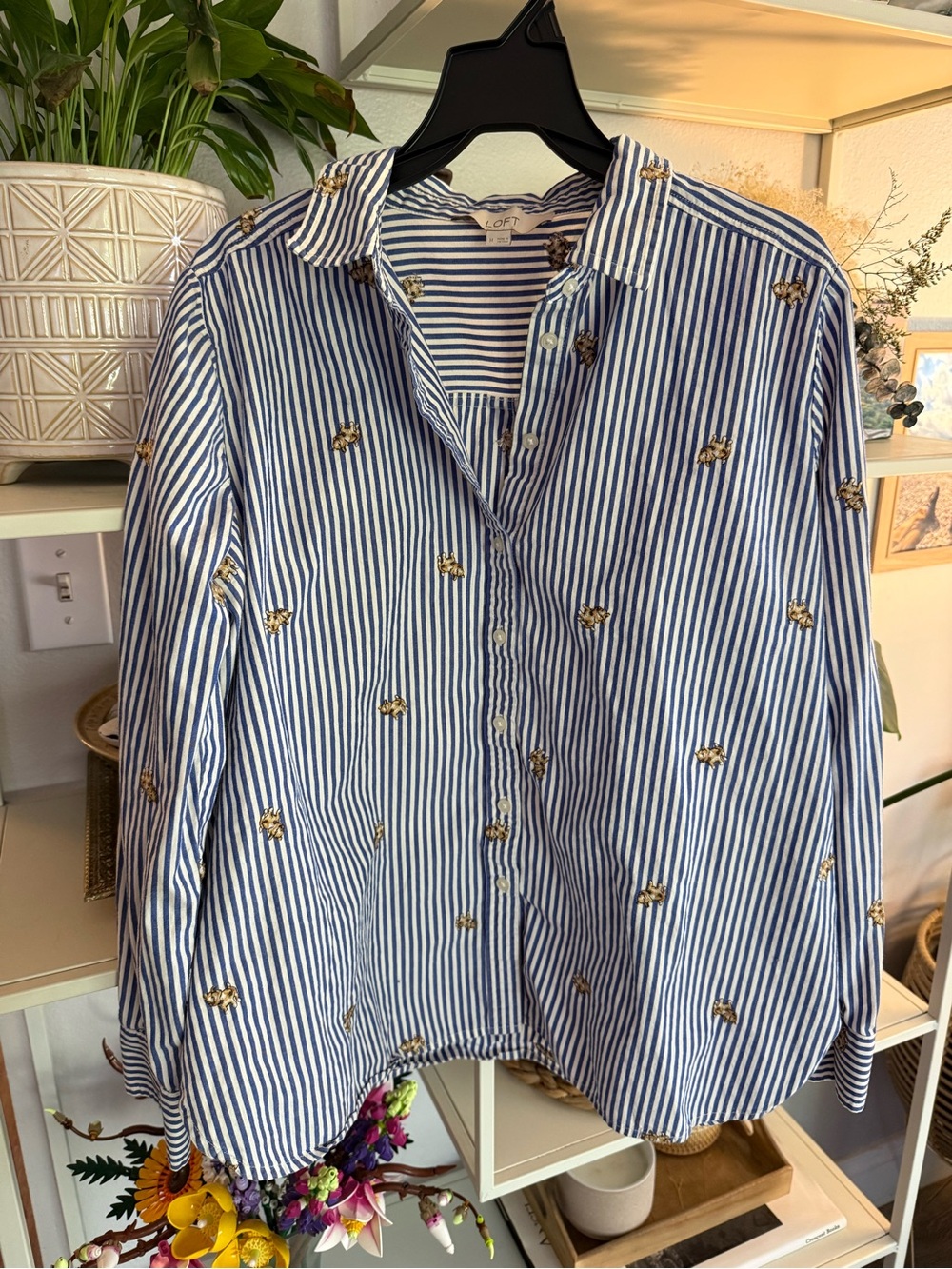 LOFT Blue and White Striped Button-Down Shirt with Bee Embroidery